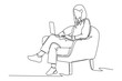 © Vectorillustrator - Single continuous line drawing of woman sitting on sofa while working. Happy work concept. Trendy one line draw design vector illustration
