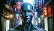 A humanoid cyborg displaying the intricate detail of its mechanical and organic components. The cyborg is partially illuminated by the bright neon lights of a busy cyberpunk cityscape.