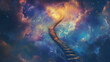 A winding staircase leading to the sky, surrounded by colorful clouds and stars, symbolizing an ethereal journey through space. The stairs should be made of golden light or radiant energy, creating a 