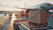 The golden hour at an airport illuminates cargo being loaded onto aircraft, highlighting the beauty and busyness of air freight logistics