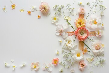 a minimalist hand drawn invitation for a christening, white background, a Christian cross made out of flowers in the center 