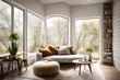 a cozy reading nook with a plush sofa positioned near a grid window, providing a tranquil view of the outdoors against a textured stucco wall backdrop.