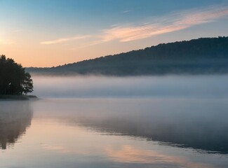 Poster - Dawn over a fog covered lake