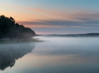 Dawn over a fog covered lake