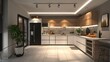 A front-view photograph of a fully equipped kitchen with a modern and minimalist design. 