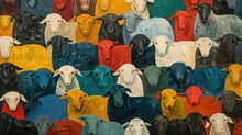 A Flock Of Sheep In Many Different Colors: Red, Blue, Yellow, Green, Grey, Dark Blue And More