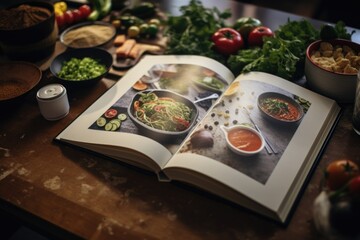 Wall Mural - A cookbook open on a table surrounded by a variety of delicious dishes. Suitable for food and cooking related projects