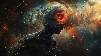 Wall Mural - Human silhouette set against space with a swirling galaxy for a mind, symbolizing deep cosmic thoughts