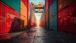 The low angle captures the towering walls of red and blue shipping containers converging into a sunlit vanishing point, reflecting the vast scale of cargo transport.