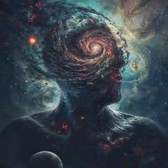 Wall Mural - intriguing art of a human silhouette blended with vibrant galaxy swirls, evoking a sense of oneness 