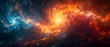 The galaxies aligned in a straight line consist of blue, orange, and red galaxies amidst the dark void of space, Abstract background