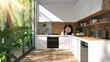 a modern minimal kitchen with white cupboards and black and wood detailing and appliances in a contemporary