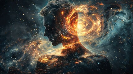 Wall Mural - An alluring visual of a woman's silhouette filled with a galaxy swirl, symbolizing depth of the mind or universe within us