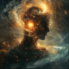 Wall Mural - Artistic image of a human profile with golden swirls representing cosmic energy and thought