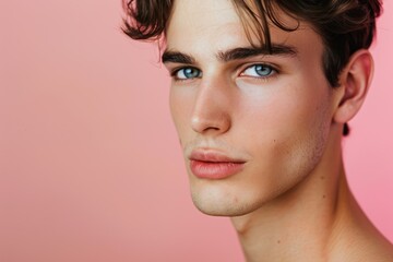 Wall Mural - a portrait of a handsome young man with clean, fresh skin, set against a soft pink background.