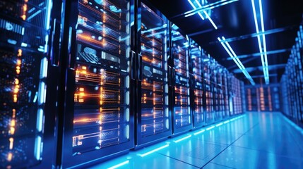 A row of servers in a data center, ideal for technology concepts