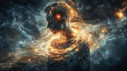 Wall Mural - the image features the silhouette of a man blended into a cosmic scene filled with stars and nebulae