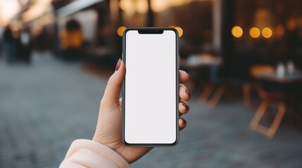 Person holding a phone with a white screen. Suitable for technology concepts