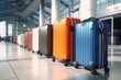Row of suitcases on tiled floor, perfect for travel concepts