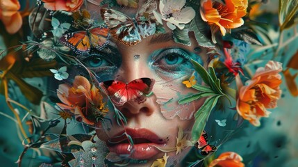 Wall Mural - Close-up of a woman's face surrounded by flowers and butterflies, perfect for spring designs