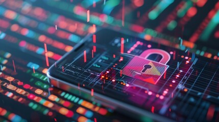 Padlock hologram on smartphone screen protecting business and financial data with innovation technology, Cyber ​​security and data protection concept, 