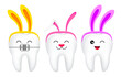 Cute cartoon tooth characters with rabbit ears decoration. Dental care concept. Happy Easter day. Bright smile for easter illustration.