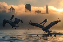 Two Pelicans Flying Over A Cityscape, Suitable For Urban Wildlife Themes