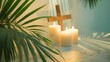 Palm leaves with candles and holy wooden cross over heavenly background, bright, peaceful