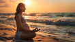 Pregnant woman doing yoga in relaxation on the beach
