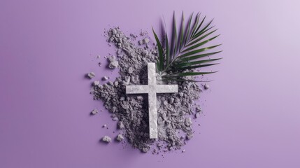pile of ash shaped in religious cross to symbolize Jesus' cross with palm leaf behind it, on a purple minimalist background