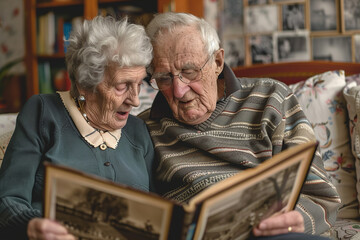 Canvas Print - Elderly Couple Going Through Photo Albums Reliving Memories Before Moving