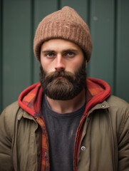 Wall Mural - young man with full beard and hooded jacket and knitted cap. portrait of a man