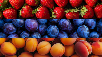 Wall Mural - Set of berries such as strawberry, plum, apricot close up. Collage of fruits depicting the Armenian flag. Symbol of fertility and wealth.