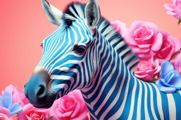 Sticker - Close up of a zebra surrounded by colorful flowers. Perfect for nature and wildlife themes