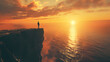 A conceptual image of a person standing at the edge of a cliff, looking out at the vast ocean, with details of the person's smallness, the ocean's vastness, and the setting sun.