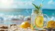 Refreshing lemonade in mason jar beside lemons on sunny beach with soft waves