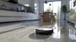 light furniture and kitchen decor to create a contrast with the black sweeping robot vacuum cleaner. This contrast highlights the robot's sleek and modern design against the clean white background.