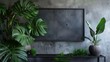 The lighting in the room matches natural light to bring out the texture of the concrete wall and frame on the wall, as well as the lush greenery of tropical plants.