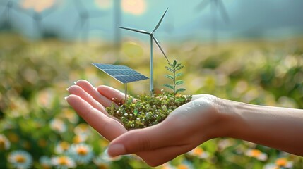 Aufkleber - Alternative energy source, closeup, Wind turbines and solar panels in female hand. Generative AI.