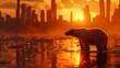 Skinny and exhausted Polar bear navigating a city submerged in water.