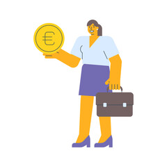 Wall Mural - Businesswoman holding coin with euro sign and holding suitcase