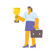 Businesswoman holding golden cup and holding suitcase