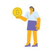 Businesswoman holding coin with bitcoin sign and smiling