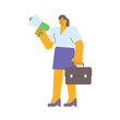 Businesswoman holding megaphone and holding suitcase