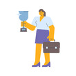 Businesswoman holding silver cup and holding suitcase