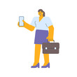 Businesswoman holding smartphone and holding suitcase