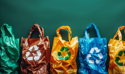 Biodegradable plastic bags, each with a universal recycling symbol