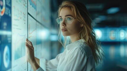 Leinwandbilder - An adult business woman is standing by a graph on computer screen. in the style of interactive pieces. Generative AI.