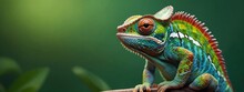 Colorful Colored Chameleon On Brunch, Lizard Close Up With Big Eye, On A Solid Color Background, Banner With Space For Copy, Flowers, Panorama Background
