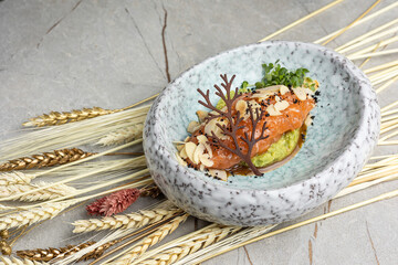 Wall Mural - Salmon tartare with avocado, top view